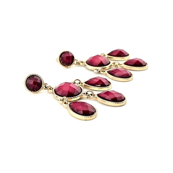 Burgundy Faceted Drop Earrings Gold Tone Teardrop Statement - Picture 3 of 5